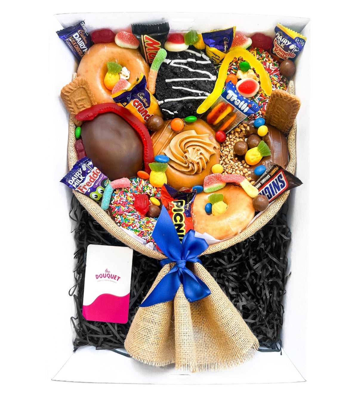 Medium Men's Deluxe Donut Bouquet featuring an assortment of donuts, chocolates, and lollies, beautifully presented for gifting.