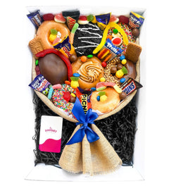 Medium Men's Deluxe Donut Bouquet featuring an assortment of donuts, chocolates, and lollies, beautifully presented for gifting.