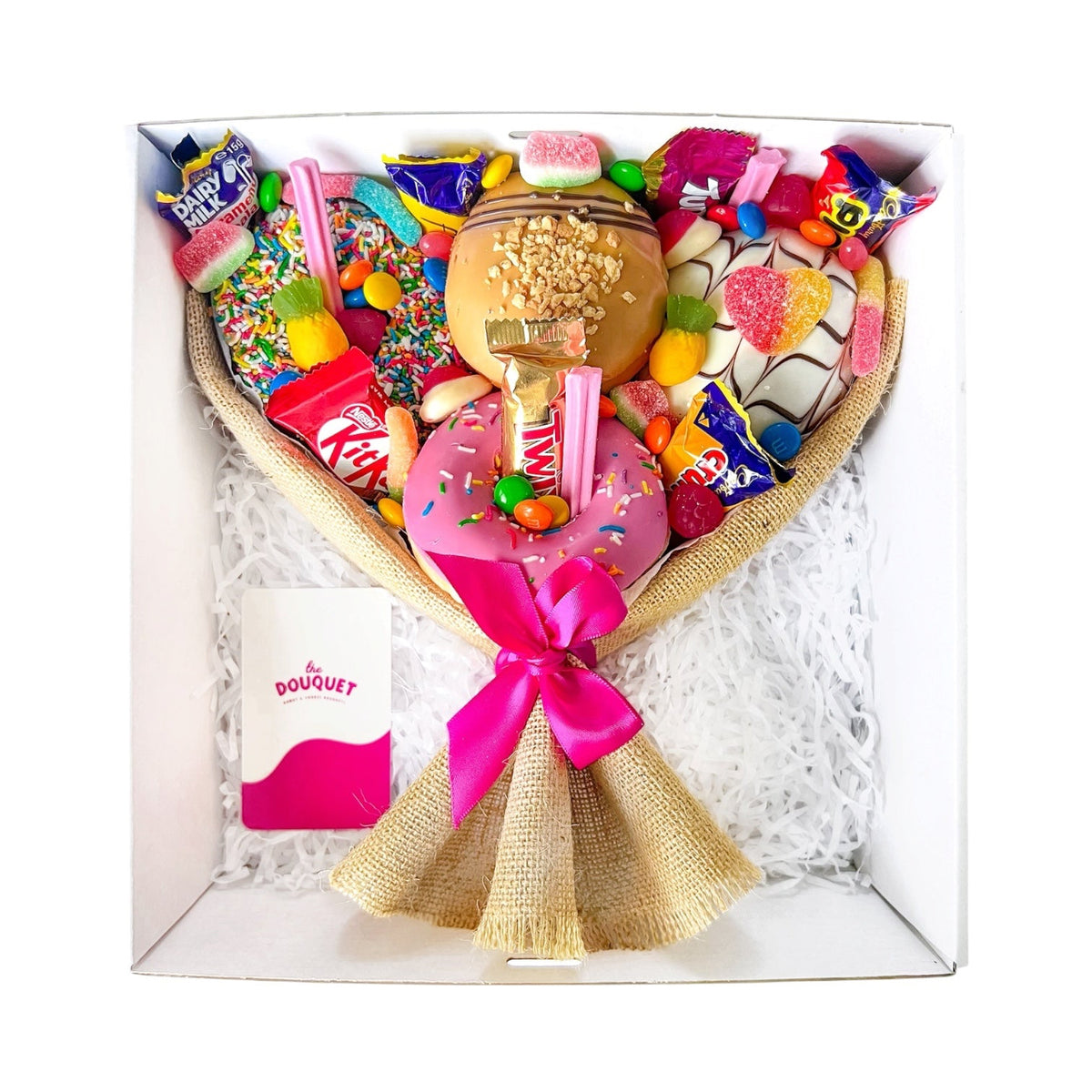 Small Mixed Deluxe Donut Bouquet featuring donuts and colourful lollies, beautifully wrapped for gifting.