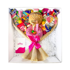 Small Mixed Deluxe Donut Bouquet featuring donuts and colourful lollies, beautifully wrapped for gifting.
